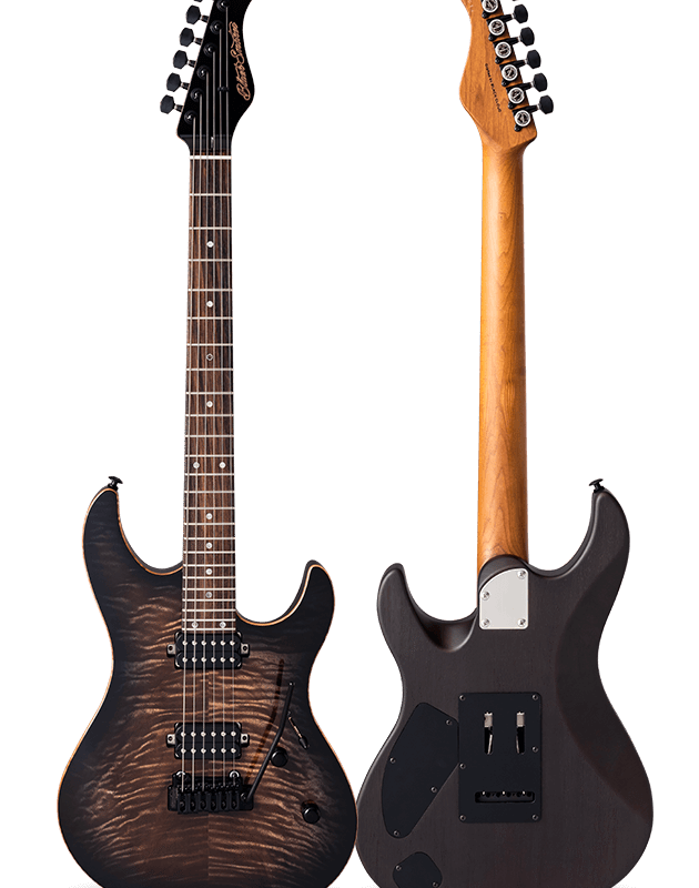 FUTURA-S HH Transparent Black / Honduras Mahogany Back Flame Camphorwood Top Body